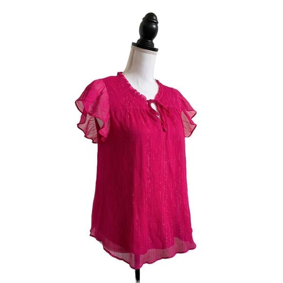 LC Lauren Conrad Hot Pink Metallic Sparkle Tie Front Flutter Top Ladies Medium - Picture 3 of 5